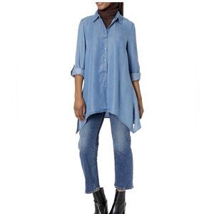 Zac & Rachel Women 2X Chambray Button Up Shirt Blue Tunic Roll Tab Sleeve Top